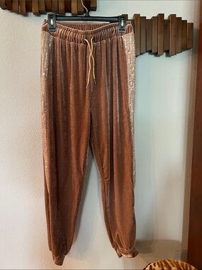 Source Unknown Rose Brown Velour Joggers with Sequin Side Stripes